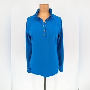Lilly Pulitzer Luxletic Hitton Polo Shirt Women M Blue Long Sleeve Ruffle Collar